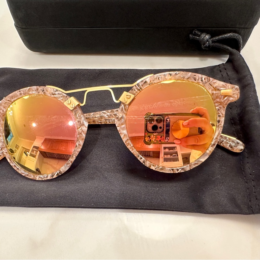 KREWE St. Louis Mirrored Sunglasses with Gold Bridge and Rose Lenses - Picture 5 of 10